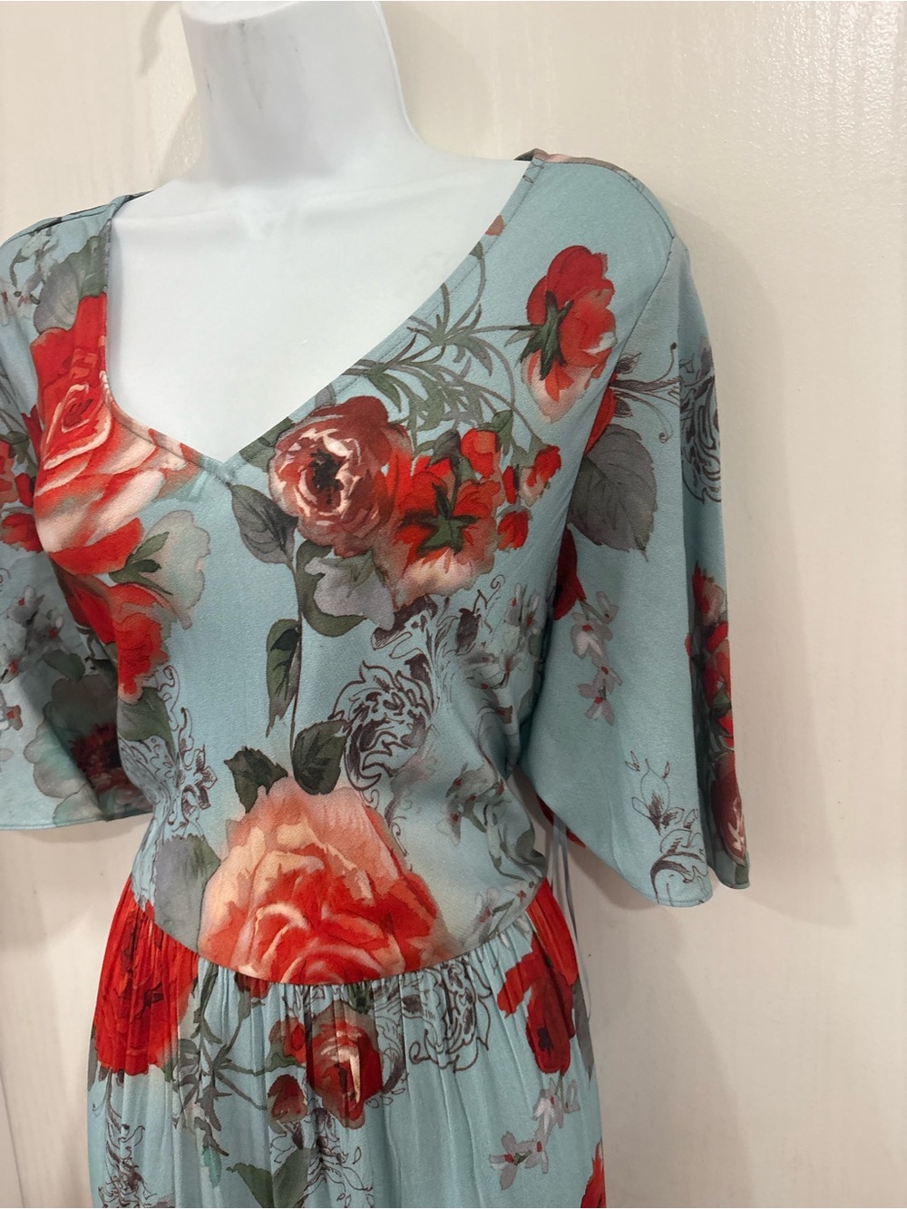 Soft Surroundings Light Blue Maxi Dress with Red Floral Print - Picture 4 of 10